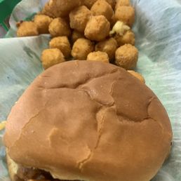 BBQ pork on bun (you chose your bread) and hot pepper cheese cubes