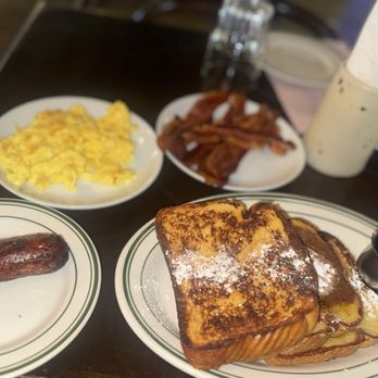 Morgans Restaurant - Brioche French Toast (no strawberries), Chicken Sausage, Maple Bacon, 2 Eggs scrambled with cheddar cheese. - New American Near Me - Miami, Florida