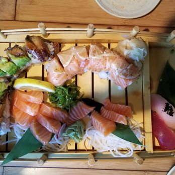 CreAsian - Oregon roll Dragon roll Rainbow roll with a lemon on top Sake sashimi  Some nigiri - Japanese Near Me - Morgan Hill, California
