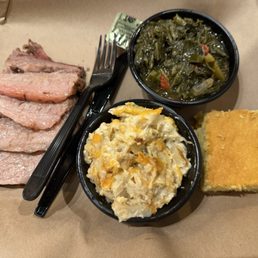 moist brisket, collard greens, baked cheesy potatoes & corm bread moist brisket, collard greens, baked cheesy potatoes & corm bread