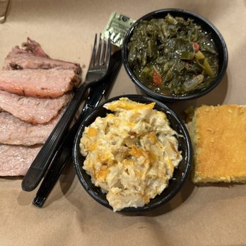 Mission BBQ - moist brisket, collard greens, baked cheesy potatoes & corm bread - Barbeque Near Me - Cherry Hill Township, New Jersey