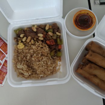 Chinese Village - Kung Pao beef with "fried" rice and extra egg rolls. - Chinese Near Me - Reno, Nevada Chinese Village - Kung Pao beef with "fried" rice and extra egg rolls. - Chinese Near Me - Reno, Nevada