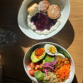 Lele Cake - Syrniki (top)  Power energy bowl (bottom) - Coffee & Tea Near Me - Los Gatos, California