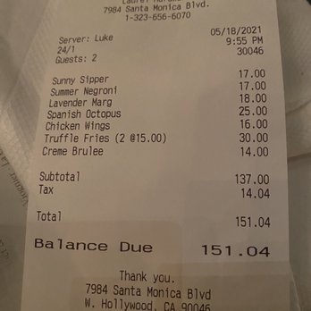 Laurel Hardware - Bill for the night, about $50 each and incredibly satisfied and full. - New American Near Me - West Hollywood, California Laurel Hardware - Bill for the night, about $50 each and incredibly satisfied and full. - New American Near Me - West Hollywood, California