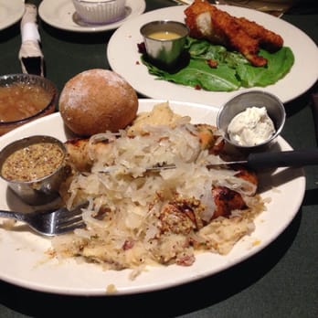 Flat Branch Pub & Brewing - Brat dinner and green chili chicken appetizers. AFTER we were full..... - American Near Me - Columbia, Missouri