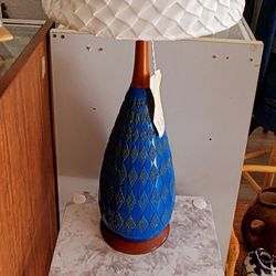 New Bohemia - MCM blue ceramic and teak lamp.