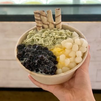 The Block - Mango/green tea shaved ice, mochi, honey boba, and choc rolled wafer toppings, condensed milk drizzle - Asian Fusion Near Me - Annandale, Virginia