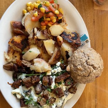 South Pine Cafe - Grass Valley - Greek scramble with veggie sausage, home fried potatoes, corn salsa and muffin of the day - American Near Me - Grass Valley, California South Pine Cafe - Grass Valley - Greek scramble with veggie sausage, home fried potatoes, corn salsa and muffin of the day - American Near Me - Grass Valley, California