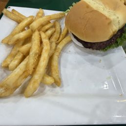 Bison burger and fries Bison burger and fries
