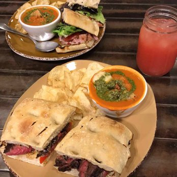 Urban Plates - Steak sandwich. Tomato bisque soup. Watermelon sage water.   A slight sneak of the ahi tuna sanwich(to die for. I promise). - New American Near Me - Carlsbad, California
