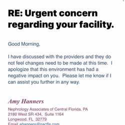 Nephrology Associates of Central Florida PA - This is the email they sent me with their response when I complained about the air fresheners