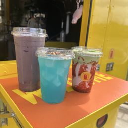Ube latte, lemonade (I forget what else was out in), and matcha cream top with strawberry