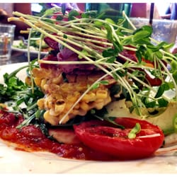 Dip - Corn Fritters w Bacon & Avocado on Rocket with Roasted Tomatoes & Chutney