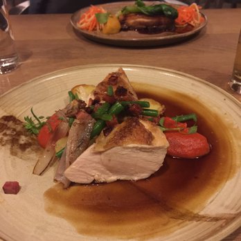 Nota Bene - Chicken supreme with chorizo, green beans, potato and a tomato purée type of sauce. - Modern European Near Me - Prague, Puerto Rico