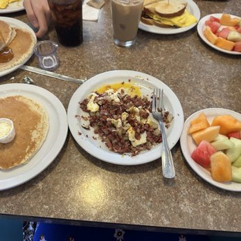 Encinitas Cafe - What I had corned beef hash and eggs fruit and pancakes - Breakfast & Brunch Near Me - Encinitas, California