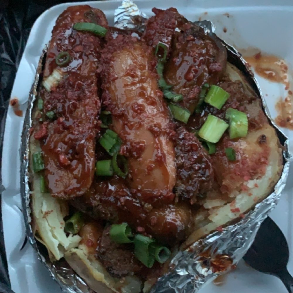 Houston Sauce Pit - Loaded vegan sausage link potato - Vegan Near Me - Houston, Texas Houston Sauce Pit - Loaded vegan sausage link potato - Vegan Near Me - Houston, Texas