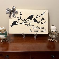 Whimsy & Wine - My sign at home in a stand with my winter birdies.