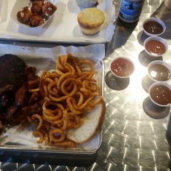 Bombers BBQ - 3 meat combo, bacon bombs, cornbread, and mac n cheese - Barbeque Near Me - Munster, Indiana