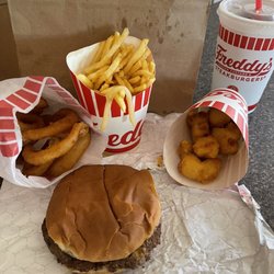 Freddy's Frozen Custard & Steakburgers - Cheese Curds, Onion Rings and #1 Freddy's Original Double Combo