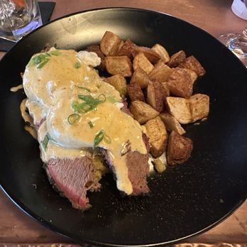 Reunion BBQ - The Benny, eggs Benedict over brisket, cornbread. - Barbeque Near Me - Boston, Massachusetts Reunion BBQ - The Benny, eggs Benedict over brisket, cornbread. - Barbeque Near Me - Boston, Massachusetts