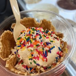 Waffle bowl, cookie dough, rainbow sprinkles