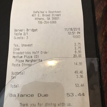 DePalma's Italian Cafe - Total for lunch for the three of us. - Italian Near Me - Athens, Georgia DePalma's Italian Cafe - Total for lunch for the three of us. - Italian Near Me - Athens, Georgia