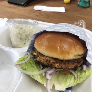 E & S Fish Company - Crab cake on French roll (not pictured... the French roll). Came on a normal bun. Side of potato salad. - Fish & Chips Near Me - St. Charles, Illinois