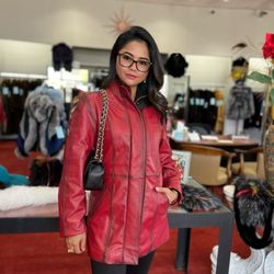 Andriana Furs - Red/Black Italian Lamb Leather Zip Front Jacket