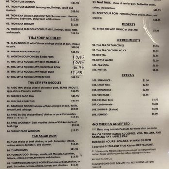 Thai Kitchen - The back side of the menu - Thai Near Me - Copperas Cove, Texas