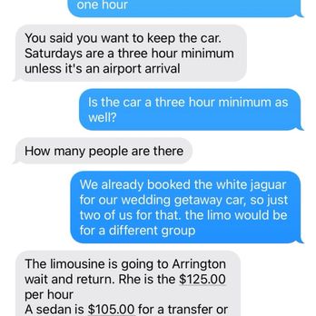 Roadrunner Limousine - Conversation confirming white jag multiple times - Limos Near Me