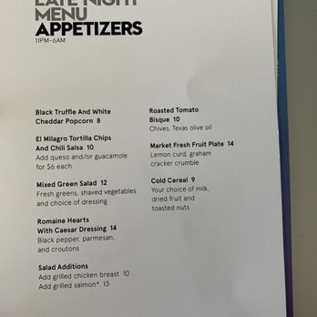 W Austin - Room Service Menu Late Night W Hotel Austin  Appetizers - Hotels Near Me - Austin, Texas