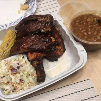 The Pit - 1/2 Chicken and Rib Combo Plate w/ Corn on the Cob and Coleslaw; additional order of Baked Beans - Barbeque Near Me - Edgewater, New Jersey