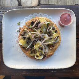 Claire's Tasty Sabih Malawah - Jewish Yemenite Puff Pastry Flatbread, Roasted Eggplant, Egg, Israeli Salad, Red Onions, Pickles, Beet Tahini