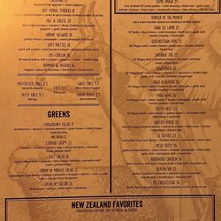 Menu page 2: Munchies, Burgers, Greens, Nee Zealand Favorites