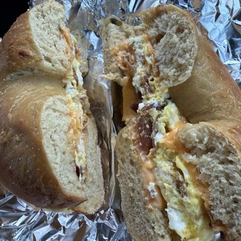 County Farm Bagels - Jalapeño cheddar bagel sandwich with American cheese bacon and egg. - Sandwiches Near Me - Wheaton, Illinois
