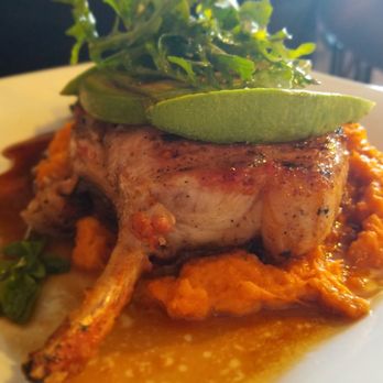 Mr. Q Restaurant - Pork chop w savory kahlua demi glaze w sweet potato mash. Delish! - Latin American Near Me - Atascadero, California