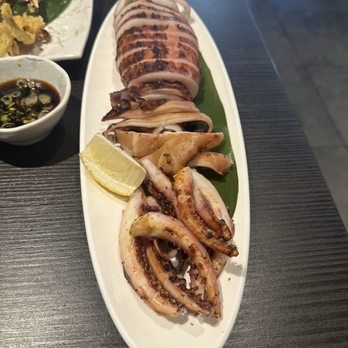 Tori Izakaya - Grille Squid (huge), Yellow Fin Sashimi, Soft Shell Crab (partially eaten). - Izakaya Near Me - Pleasanton, California Tori Izakaya - Grille Squid (huge), Yellow Fin Sashimi, Soft Shell Crab (partially eaten). - Izakaya Near Me - Pleasanton, California