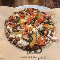 Kickin' BBQ Peach Pizza (no bacon, with peppadew peppers and basil)