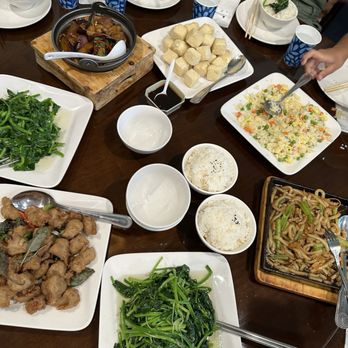 Vege Valley - 6/2024- from top clockwise: fried tofu, fried rice, udon noodles, spinach, crispy chicken, snow pea leaves, eggplant tofu - Vegetarian Near Me - San Gabriel, California Vege Valley - 6/2024- from top clockwise: fried tofu, fried rice, udon noodles, spinach, crispy chicken, snow pea leaves, eggplant tofu - Vegetarian Near Me - San Gabriel, California