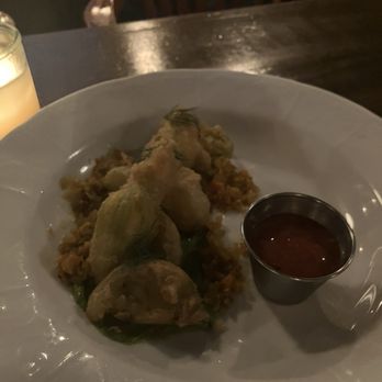 Billy Can Can - Lemon ricotta stuffed squash blossoms with fried green tomatoes and chow chow. - Steakhouses Near Me - Dallas, Texas