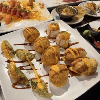 Meiga Sushi - Heart Attack (No Rice) (left) Lobster Ball (No Rice) (middle) SBD Hill (No Rice) (top right) Shrimp Boat (No Rice) (bottom right) - Sushi Bars Near Me - San Bernardino, California