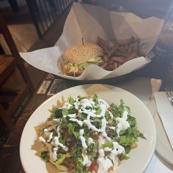The Dram Shop Bar - Nachos and Burger w/ Fries - Sports Bars Near Me - Brooklyn, New York