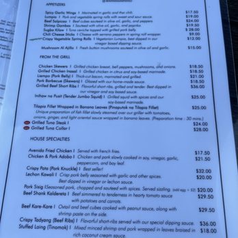 Avenida Restaurant - Menu front - Filipino Near Me - San Mateo, California Avenida Restaurant - Menu front - Filipino Near Me - San Mateo, California