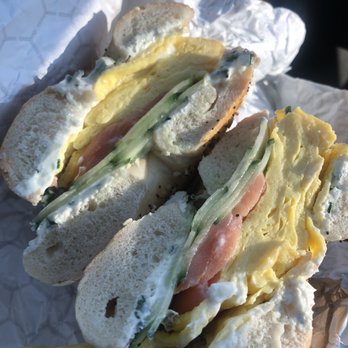 Shirley's Bagels - Lox, egg, cucumber, cream cheese on an everything bagel - Bagels Near Me - Costa Mesa, California