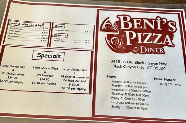 Menu photo 6 Beni’s Pizza Black Canyon City, AZ Menu photo 6 Beni’s Pizza Black Canyon City, AZ