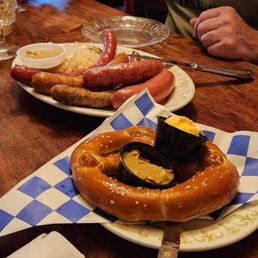 Sausage platter and pretzel