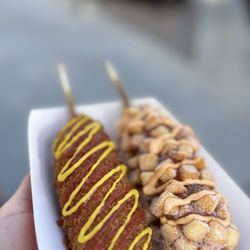 Myungrang Hot Dog - Right Mozzarella cheese stick with potato Left: Beef sausage