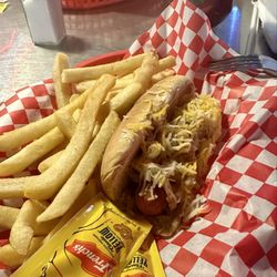 Goodfella's Bar and Grill - Hotdog with mustard,  cheese, and grilled onions