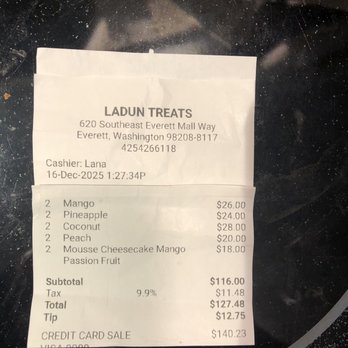 Ladun Treats - Receipt - Bakeries Near Me - Everett, Washington Ladun Treats - Receipt - Bakeries Near Me - Everett, Washington