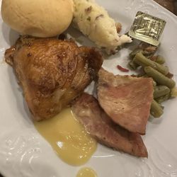 Saber & Quill, Fiddlers Green - Family Day Buffet: Chicken, ham, green beans, mash potatoes and dinner roll. Not pictured: salad and cobblers